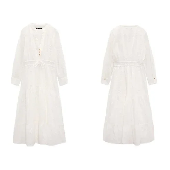 ZARA COMBINED PERFORATED EMBROIDERY DRESS OYSTER WHITE3163/936 SIZE XS